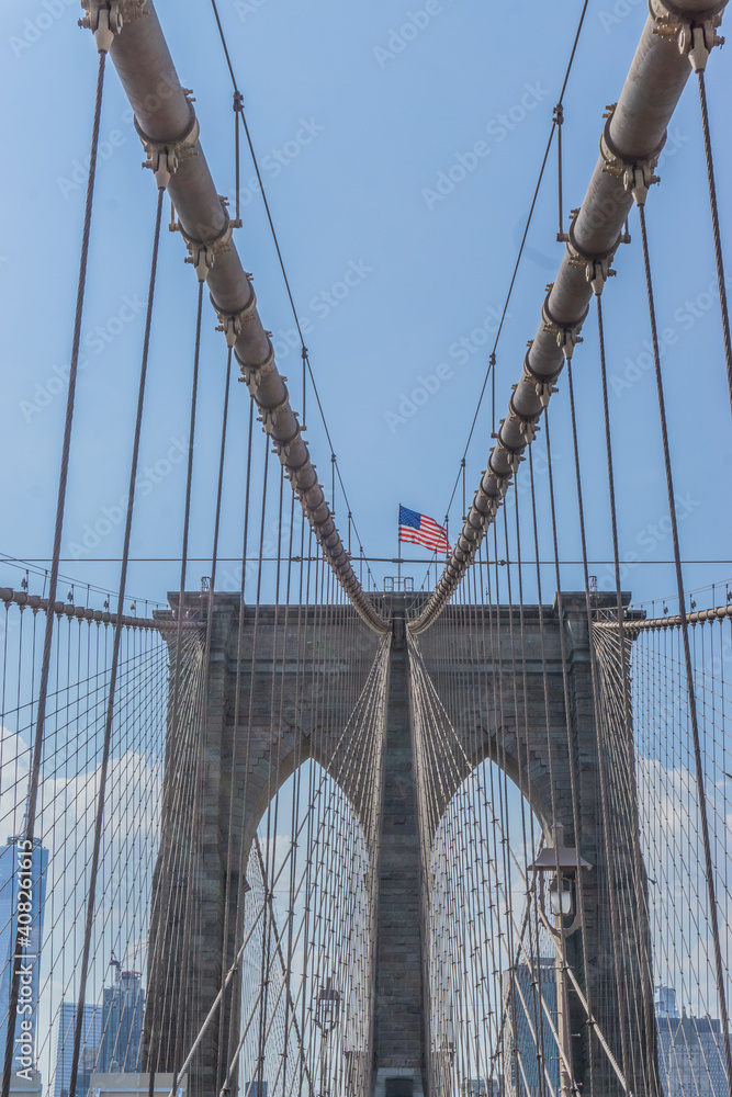 Fototapeta premium Brooklyn Bridge in New York City with complex cables installed
