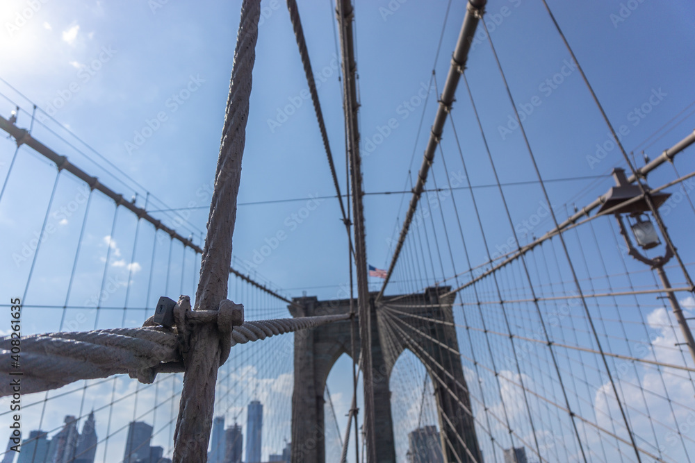 Fototapeta premium Brooklyn Bridge in New York City with complex cables installed