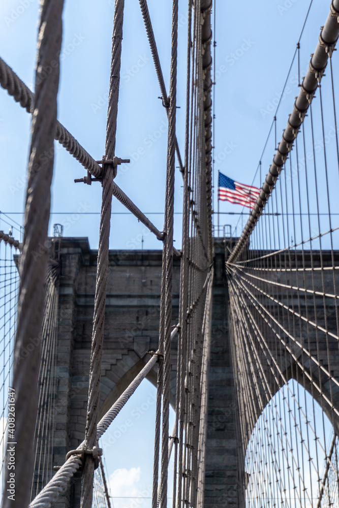 Fototapeta premium Brooklyn Bridge in New York City with complex cables installed