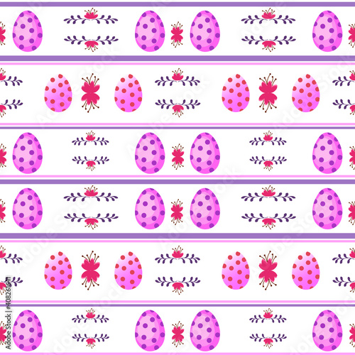 Pattern with pink Easter eggs and flowers. Vector illustration on a white background with stripes. Easter design for packaging goods and gifts, fabrics and decor.