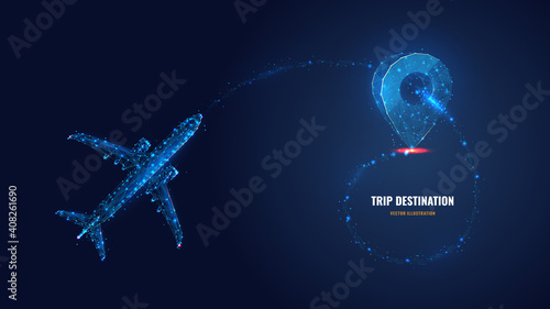 Abstract 3d flying airplane and location pin icon. Trip destination, aircraft flight route concept. Vector illustration in dark blue. Digital low poly wireframe with dots, lines, and glowing stars