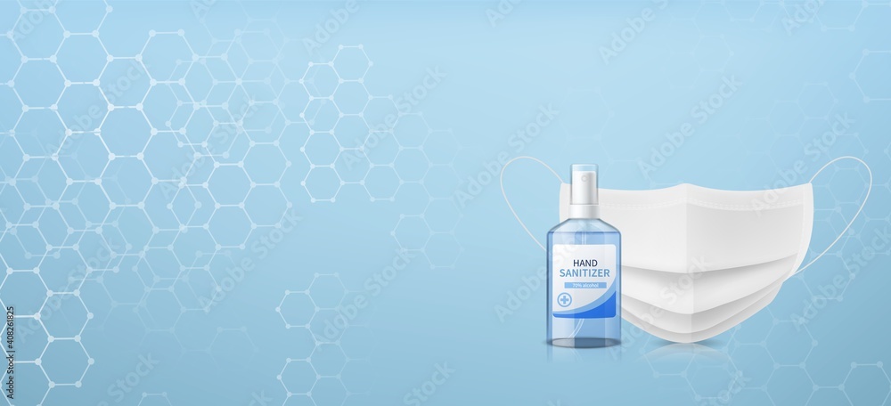 Sanitizer and medical mask background. Coronavirus protect horizontal backdrop, covid-19 and flu viruses protection, nose textile filter and antibacterial barrier vector isolated poster Sanitizer and medical mask background. Coronavirus protect horizontal backdrop, covid-19 and flu viruses protection, nose textile filter and antibacterial barrier vector isolated poster