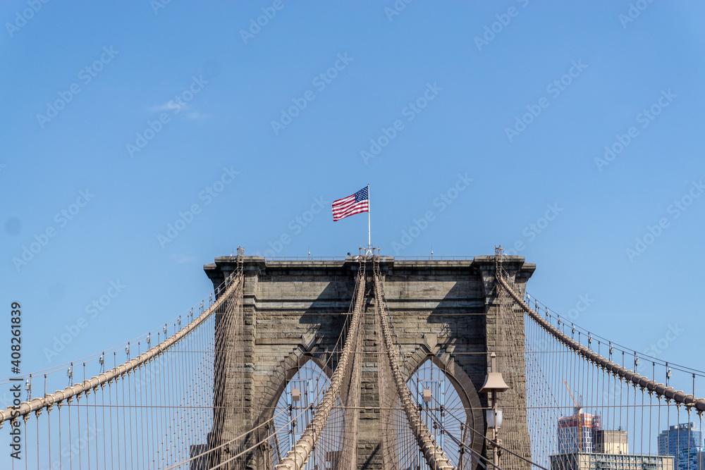 Fototapeta premium Brooklyn Bridge in New York City with complex cables installed