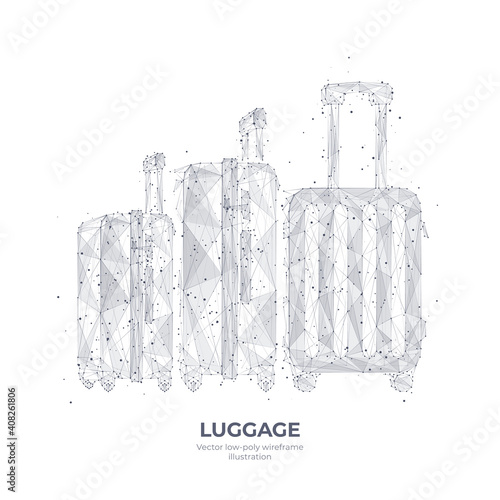 3d hand-drawn luggage isolated in white. Digital low poly mesh suitcases with wheels. Travel, recreation, business, or family trip concept. Abstract vector sketch wireframe with dots, lines, and shape