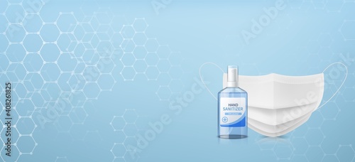Sanitizer and medical mask background. Coronavirus protect horizontal backdrop, covid-19 and flu viruses protection, nose textile filter and antibacterial barrier vector isolated poster