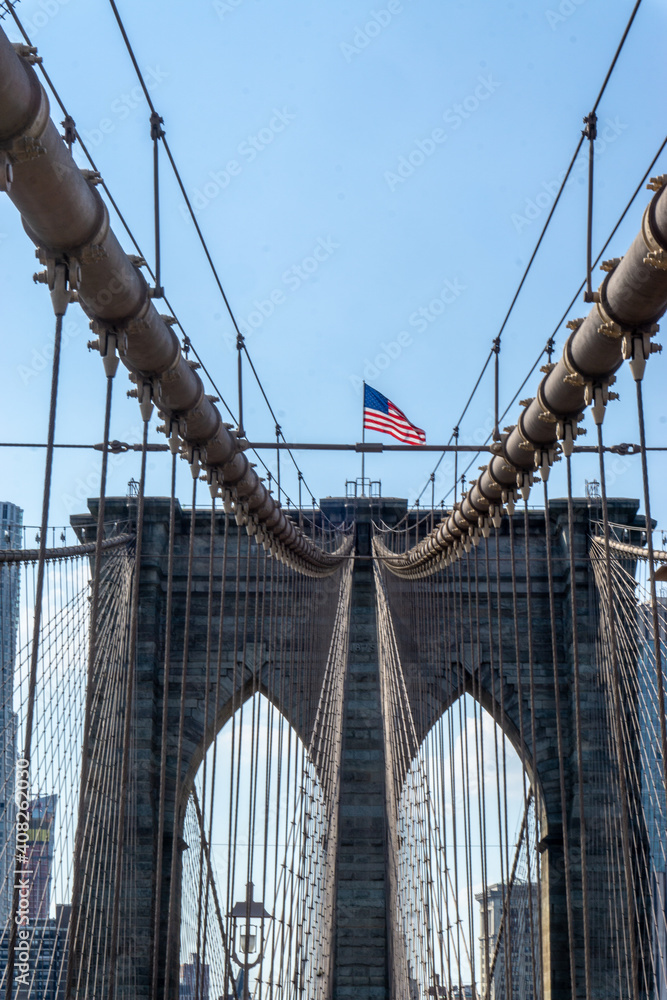 Fototapeta premium Brooklyn Bridge in New York City with complex cables installed