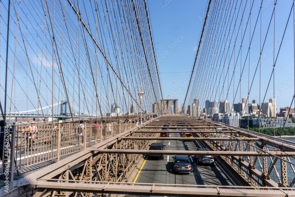 Brooklyn Bridge in New York City with complex cables installed Brooklyn Bridge in New York City with complex cables installed