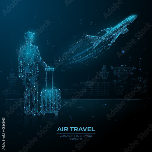 Abstract low poly 3d man with luggage looking at airplane taking off. Digital vector airport departure wireframe with lines, dots and flying particles. Air travel, airline transportation concept
