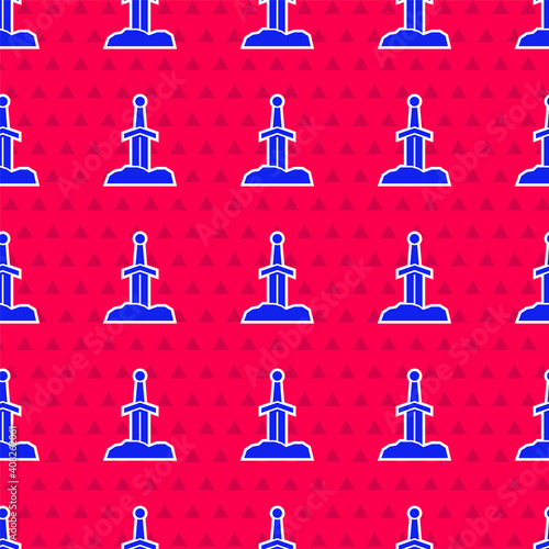 Blue Sword in the stone icon isolated seamless pattern on red background. Excalibur the sword in the stone from the Arthurian legends. Vector.