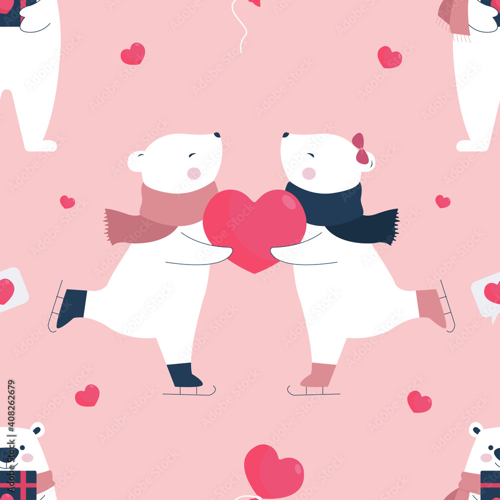 Valentine seamless pattern with polar bear couple Valentine seamless pattern with polar bear couple