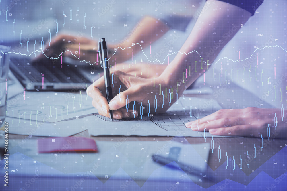 Multi exposure of woman hands typing on computer and financial chart hologram drawing. Stock market analysis concept. Multi exposure of woman hands typing on computer and financial chart hologram drawing. Stock market analysis concept.