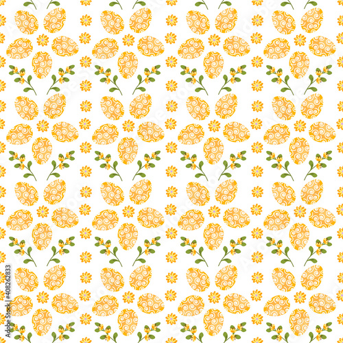 Pattern with Easter eggs. Yellow eggs with designs and flowers. Vector illustration on a white background. For packaging goods and gifts, fabrics and decor.