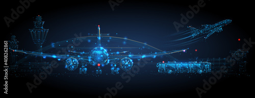 Digital airplane standing on runway, airport buildings, plane taking off, shuttle bus, control tower. Airport low poly wireframe concept in dark blue. Abstract vector mesh with dots, lines and stars