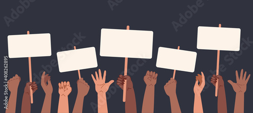 Black lives matter, crowd of people protesting for their rights. Holding posters, placard in hands, no racism banner. Vector illustration in flat cartoon style