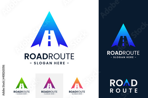 Colorful letter A for road route logo design template. Concept of destination, address, position, travel, gps map, etc. Creative vector symbol highway.