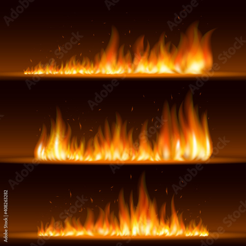 Realistic colorful line bon fire flame with horizontal reflection smoke and sparks on black background