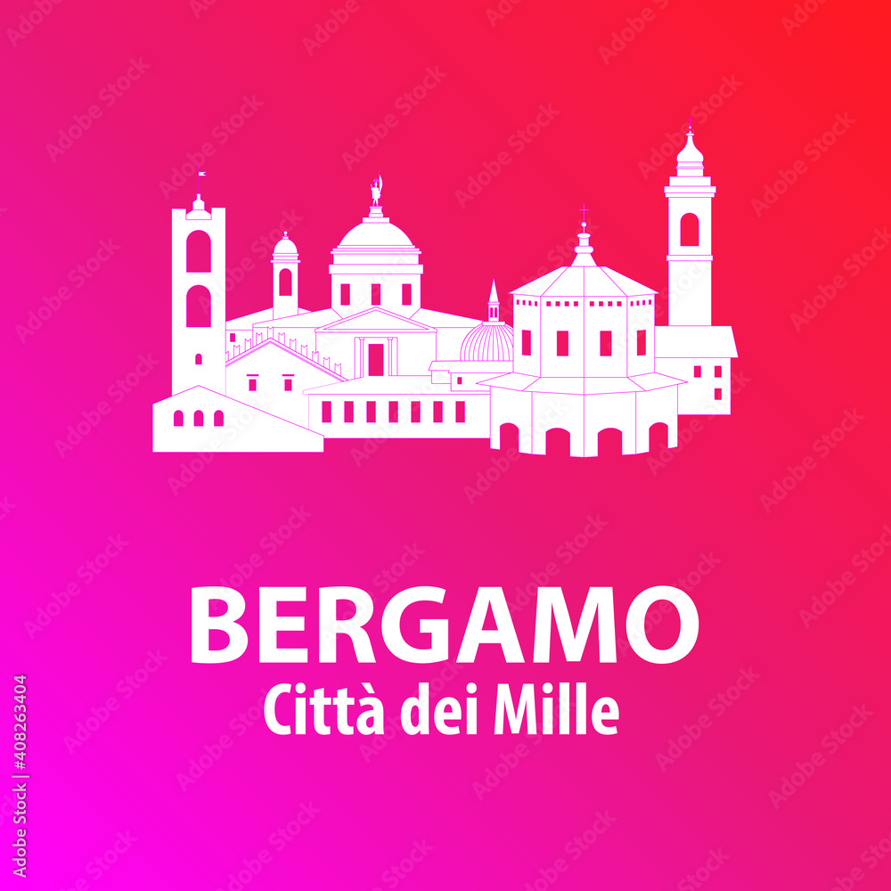Bergamo skyline on red and purple background with lettering and white drawing. Vector file. City of a thousand.