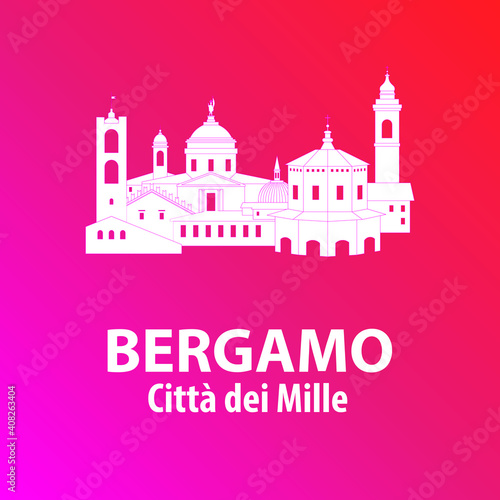 Bergamo skyline on red and purple background with lettering and white drawing. Vector file. City of a thousand.