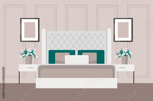Luxurious bedroom in a classic style, large bed with a headboard, bedside table, vase of flowers. Hotel room suite. Furniture store advertisement. Interior design in Art Deco style. Housewarming card