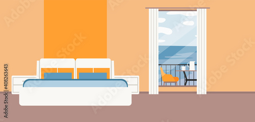 Luxurious bedroom, large bed with a headboard and bedside table. Hotel room suite. Interior design in modern style. Sea view from the window, resort and spa. Wed page for hotel. Apartment