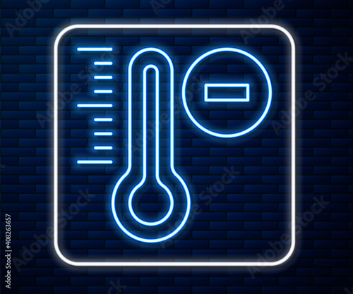 Glowing neon line Meteorology thermometer measuring icon isolated on brick wall background. Thermometer equipment showing hot or cold weather. Vector.