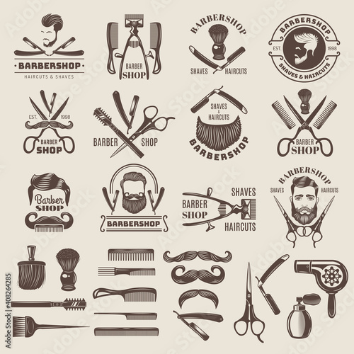 Barber shop badges. Scissors combs brush blade hair dryer recent vector logos for barber shops. Barbershop vintage elements, beard and mustache illustration