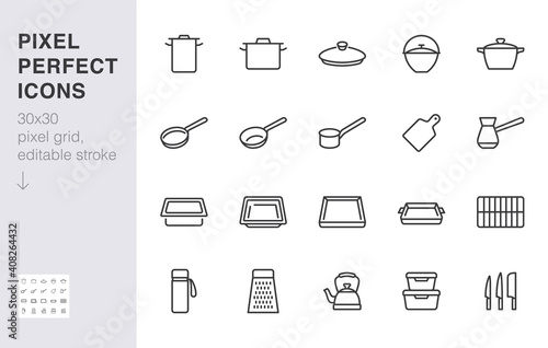 Cookware line icon set. Kitchen equipment cooker pan pot, frying griddle, lid, knife grater minimal vector illustration. Simple outline sign of cooking utensils. 30x30 Pixel Perfect Editable Stroke photo