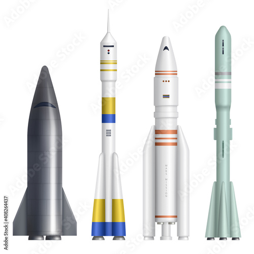 Realistic rocket. Spaceships launch futuristic shuttle for universe exploring expedition decent vector realistic pictures. Rocket and ship, shuttle launch, spaceship collection illustration