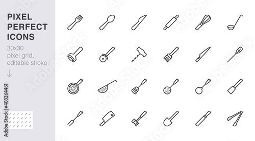 Cookware line icon set. Kitchen equipment - fork, knife, spoon, hammer, ladle, corkscrew minimal vector illustration. Simple outline sign of cooking utensils. 30x30 Pixel Perfect. Editable Stroke photo