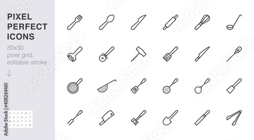 Cookware line icon set. Kitchen equipment - fork, knife, spoon, hammer, ladle, corkscrew minimal vector illustration. Simple outline sign of cooking utensils. 30x30 Pixel Perfect. Editable Stroke