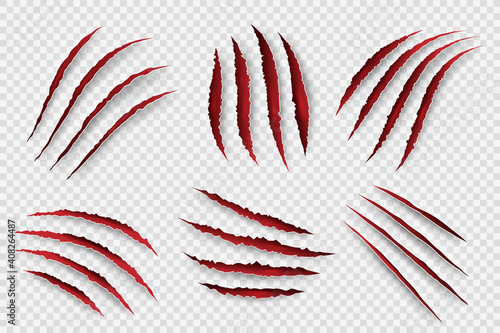 Tiger scratches. Danger scary claw symbols for horrors monster paws with blood shapes decent vector set. Surface zombie claw trace graphic illustration photo