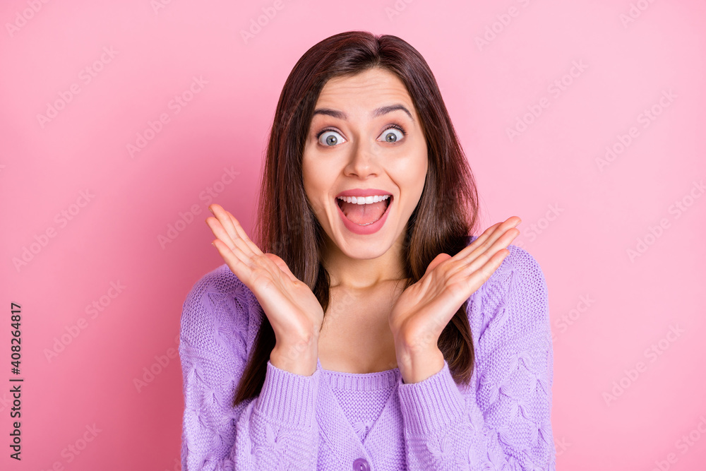 Portrait of impressed nice girl hands open mouth wear lilac sweater isolated on pink color background Portrait of impressed nice girl hands open mouth wear lilac sweater isolated on pink color background