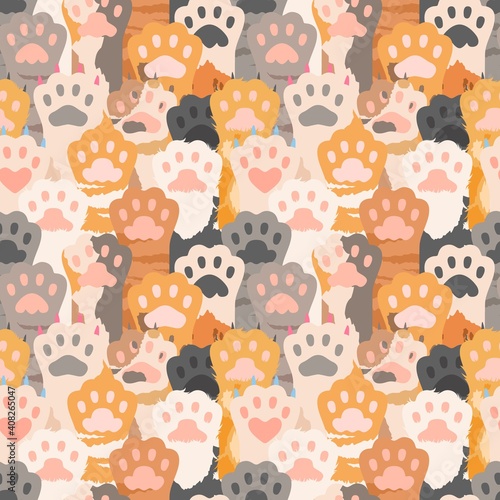 Cats paw pattern. Cute kitten foot background. Pets, wild animal vector seamless texture. Illustration mark paw cat or dog, repeat feline pattern