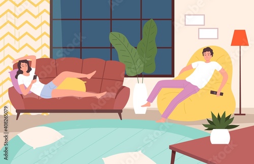 Couple relaxed. Home evening, woman man recreation. Young couple on sofa and arm chair in living room vector illustration. Woman and man evening together relax, recreation on sofa