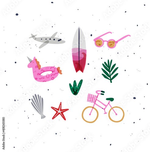 Summer elements set airplane, surfboard, sunglasses vivid