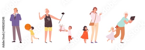 Indifference to child. Kids need care or attention, adults phones tablets. Addiction, parents with active children vector characters. Parent busy with tablet, character mom use smartphone illustration