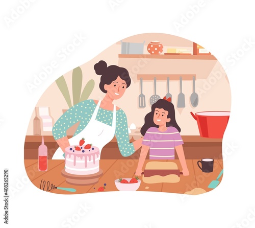 Mother and daughter cooking. Family time, happy woman and girl bake birthday cake vector concept. Illustration childhood holiday, preparation celebration, bake sweet cake