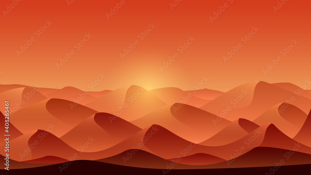 Sandy desert landscape vector Illustration with sand dunes. Sunset in desert.