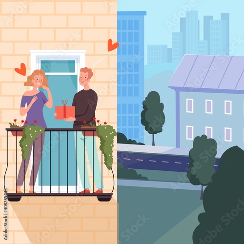 Romantic couple on balcony. Man hold gift, happy girl in love. Funny cartoon vector illustration. Illustration romantic couple on balcony