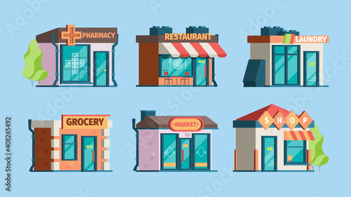 Urban stores. Retail shops in city exterior facade front view pharmacy caffe local restaurant garish vector flat pictures. Illustration city store and retail, pharmacy facade