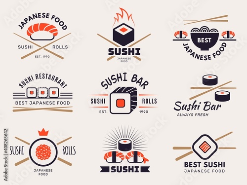 Sushi bar logo. Badges graphic templates with stylized illustrations of seafood for asian traditional kitchen restaurant menu pictures recent vector japanese oriental. Badge sticker sushi bar logo