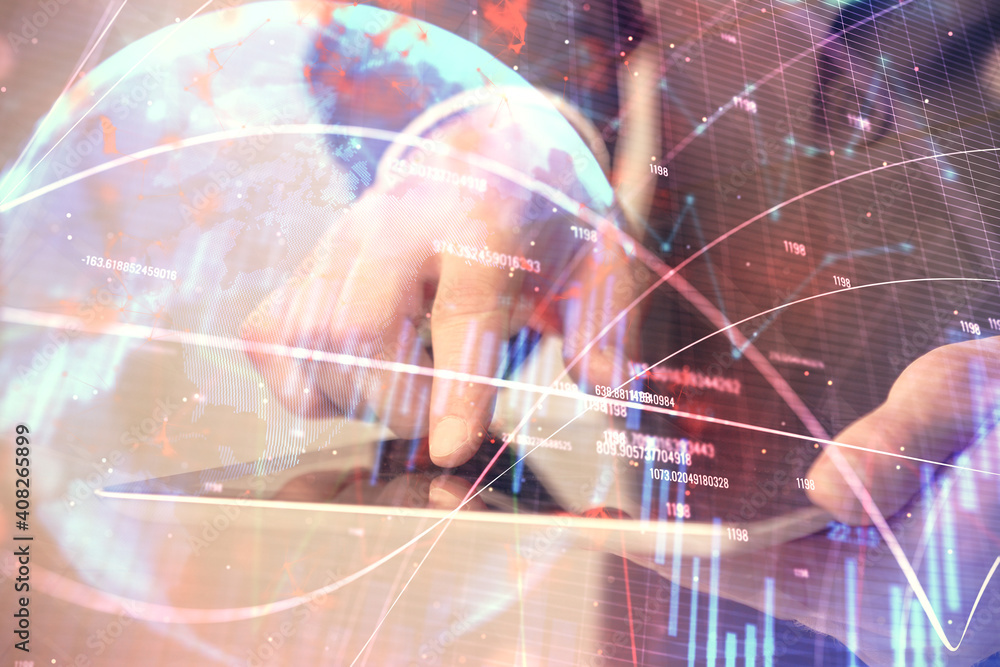 Obraz premium Multi exposure of man's hands holding and using a phone and financial chart drawing. Market analysis concept.