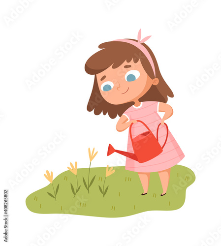 Girl watering flowers. Baby with watering can cares for garden. Isolated cute little cartoon child meadow vector illustration. Gardener cute young girl, cheerful character person