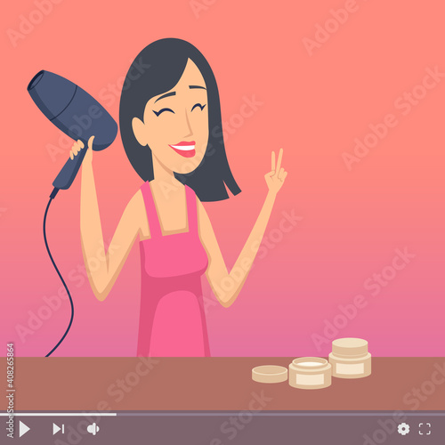 Video blogger. Beautiful woman, make up artist and hairdresser. Digital content maker, online courses teacher vector illustration. Beauty blogger, woman video online vlogger