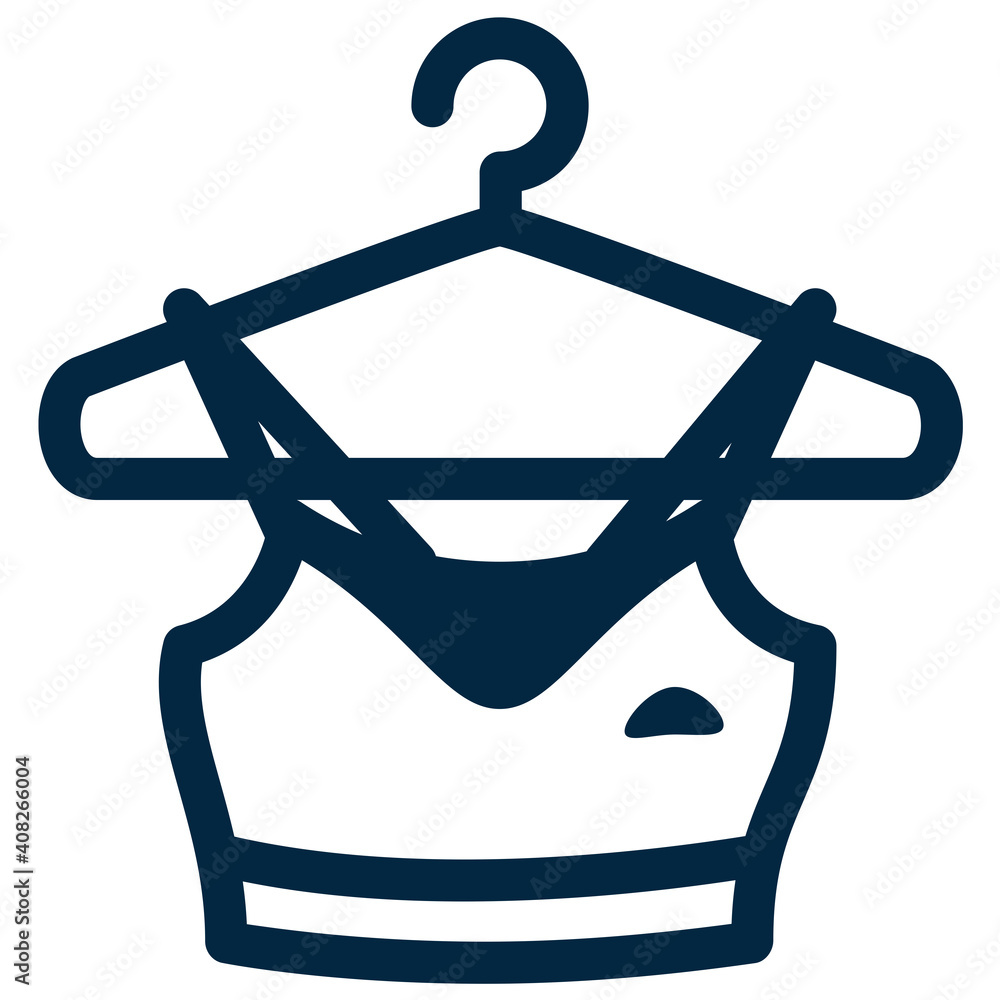 Women's clothing for fitness on a hanger simple outline or line icon isolated on white background. Women's sports top. Women's clothing for fitness on a hanger simple outline or line icon isolated on white background. Women's sports top.