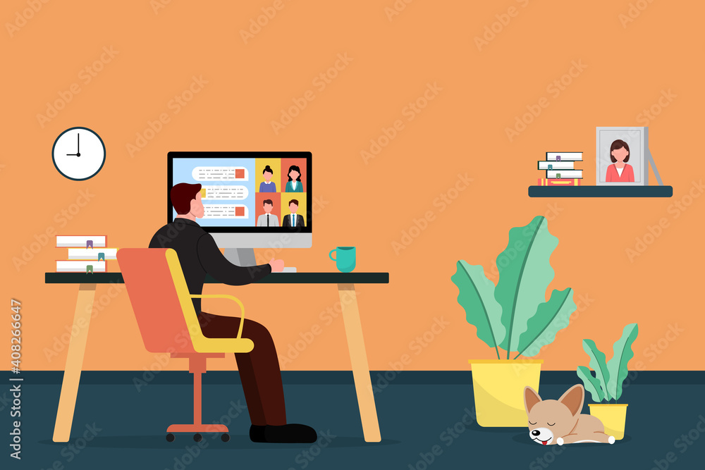 Working at home,concept illustration. Young mаn freelancer working on computer at home. Vector flat style illustration Working at home,concept illustration. Young mаn freelancer working on computer at home. Vector flat style illustration