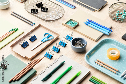 Table with various colorful stationery