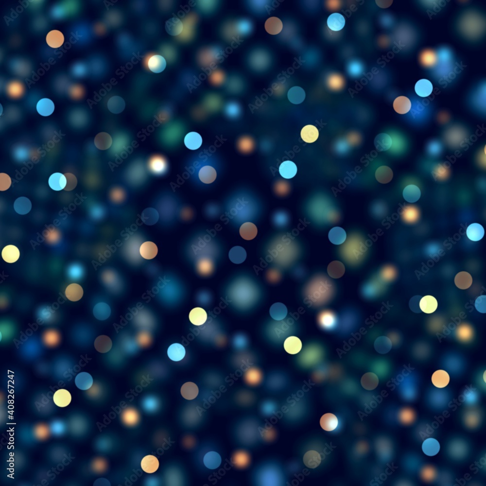 Glittering sparkles on blue green toned dark blurred background.  Retro style festive textured illustration.