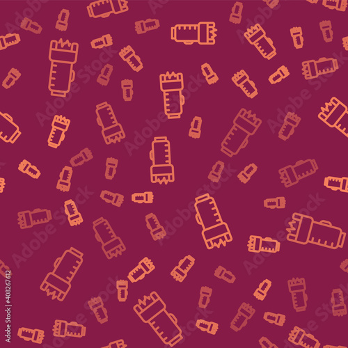 Brown line Police electric shocker icon isolated seamless pattern on red background. Shocker for protection. Taser is an electric weapon. Vector.
