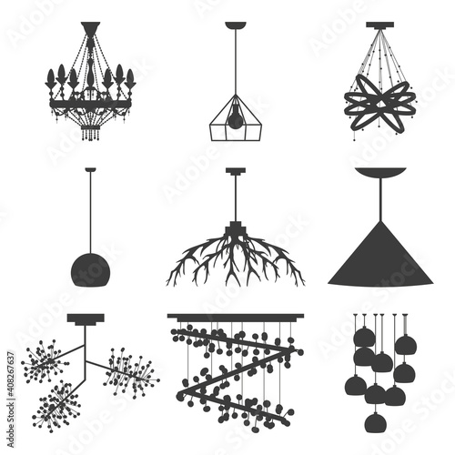Chandelier black silhouettes vector set isolated on a white background.